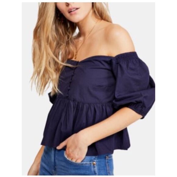 Free People Veronica Sweetheart Top Puff Sleeve top Size XS Navy Blue - Picture 1 of 12